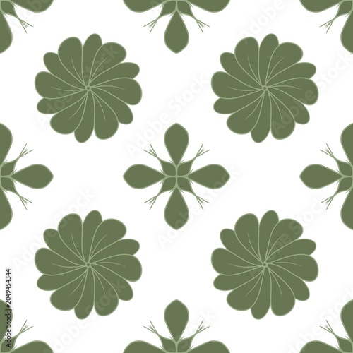 Green Folk Art Floral Seamless Pattern with Decorative Motifs