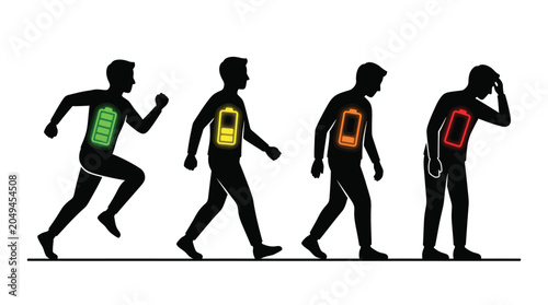 Black silhouette vector illustration showing energy level progression from full charge to complete physical exhaustion