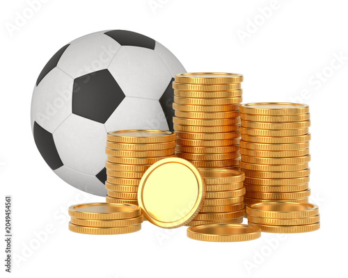 Soccer ball and stacks of coins on white background. Isolated 3D illustration