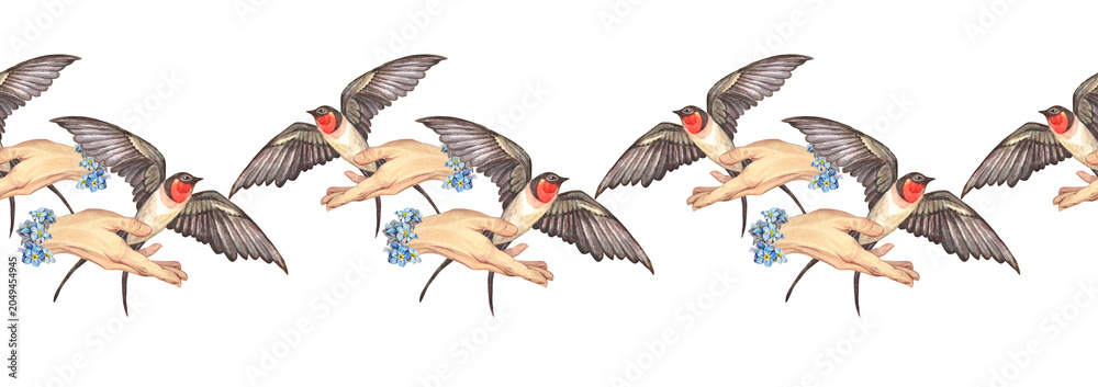 Εκτύπωση καμβά Watercolor seamless border with flying swallow in hand with flower forget-me-not on white background