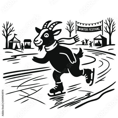 Goat character ice skating at winter festival vector illustration. Black and white cartoon of skating goat on frozen river. Seasonal holiday graphic isolated on transparent background