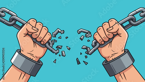 Dynamic pop art illustration of human hands forcefully breaking metal chains, symbolizing freedom and breaking free from limitations.