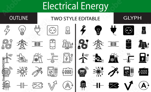 Electrical Energy Refined Monoline and Black Solid Vector Icon Set for Power Generation Distribution Efficiency and Utility Systems