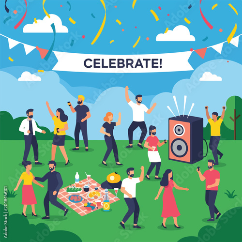 A vibrant outdoor celebration with people dancing and having a picnic