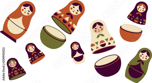 Tableau sur toile Traditional Russian Matryoshka Doll Vector Set with Open Separated and Nested Ba