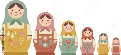 Foto Traditional Russian Matryoshka Doll Vector Set with Cute Nesting Babushka Charac