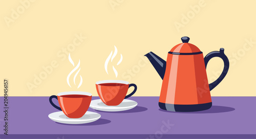 Foto Two steaming tea cups with a kettle