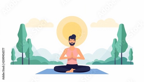 A serene illustration of a person practicing yoga and meditation in a peaceful outdoor nature setting.