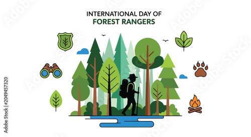 Foto Forest ranger in woods with trees and camping gear