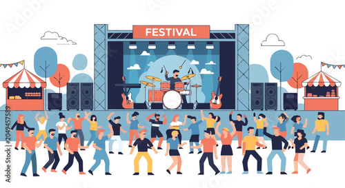 Fotografie A vibrant festival scene with a stage, band, and dancing crowd