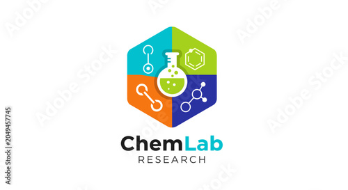 Bild auf Leinwand ChemLab Research Logo with Chemical Structures and Flask.