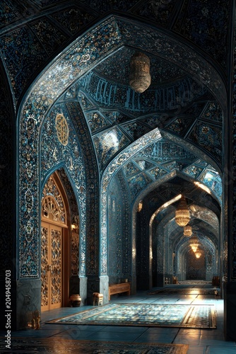 intricate mosque interior with blue mosaic tiles