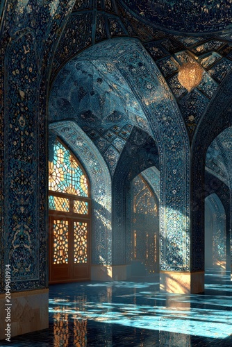 intricate blue mosaic interior with sunlight