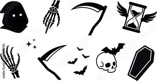 Bild auf Leinwand Grim Reaper and Halloween Black Silhouette Element Set with Scythe Skull Coffin