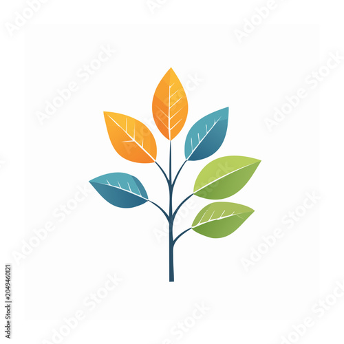 Stylized plant branch with colorful leaves on white background