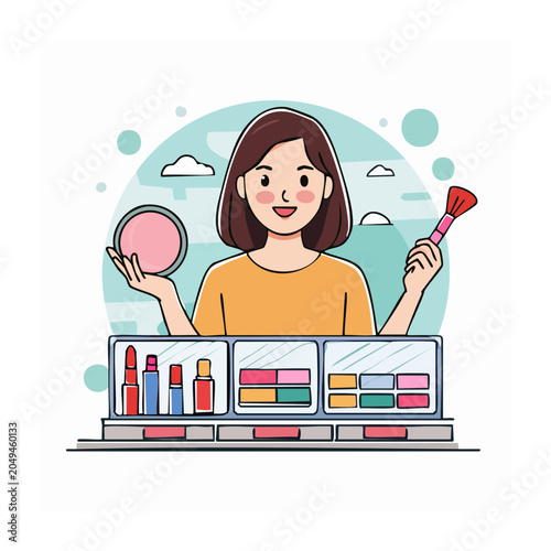 Woman applying makeup with brush and cosmetics