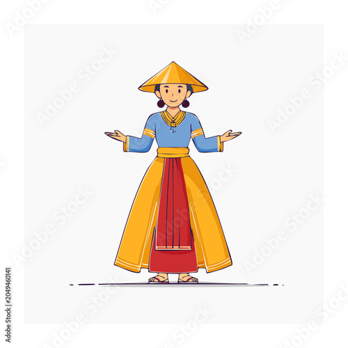Woman in traditional Asian conical hat and dress