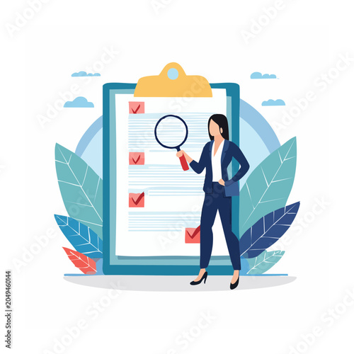 Woman Inspecting Checklist on Clipboard with Magnifying Glass
