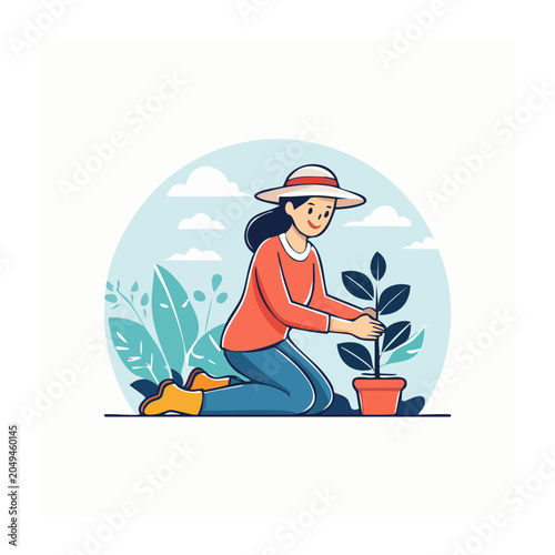 Woman planting a small tree in a pot, flat design illustration