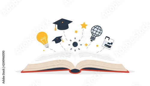 A creative educational concept illustration of an open book with floating digital icons representing knowledge, learning, and discovery.