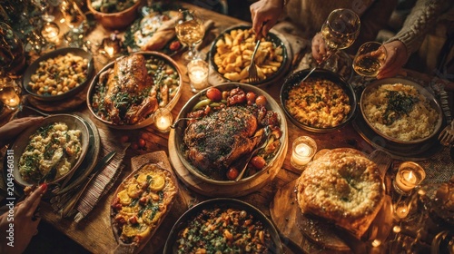 feast table with roasted meats and side dishes