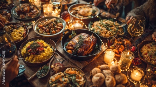 feast table with roasted chicken and assorted dishes