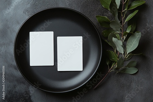 Photo of a minimalist mockup with two blank business cards on an elegant black plate, with a leafy branch next to it. 