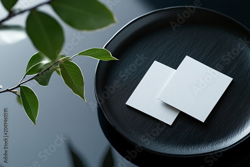 Photo of a minimalist mockup with two blank business cards on an elegant black plate, with a leafy branch next to it. 