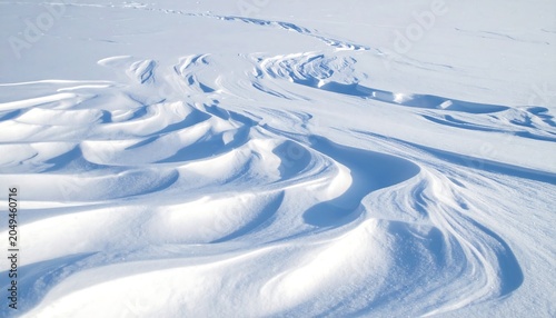 Aerial view of a snow-covered landscape with sculpted drifts and textured patterns