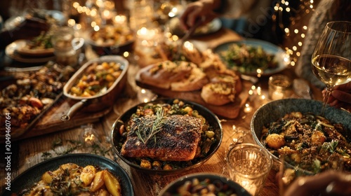 cozy dinner table with festive lights and food
