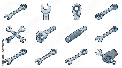 Foto Collection of Various Metal Wrenches and Tools for Repair and Construction