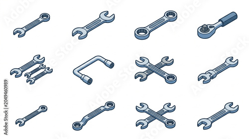 Fényképezés Collection of Assorted Wrenches and Tools on White Background.