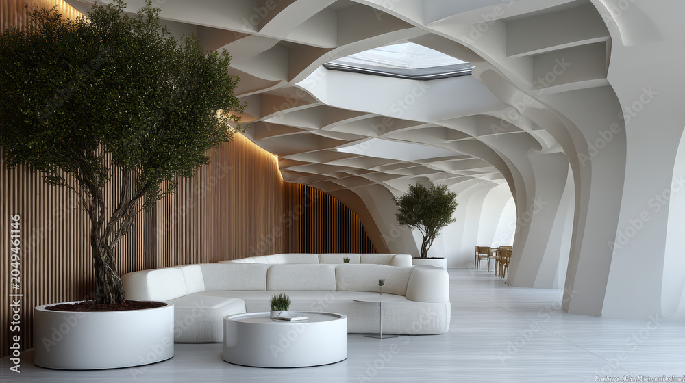 Naklejka premium Luxury cafe interior modern minimalist white sofa skylight, curved architecture, indoor tree, warm lighting, serene lounge