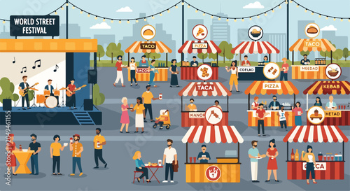 Cuadro en lienzo A vibrant outdoor festival with food stalls and live music