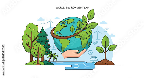 Fotografija A hand holds a globe with green leaves and trees around
