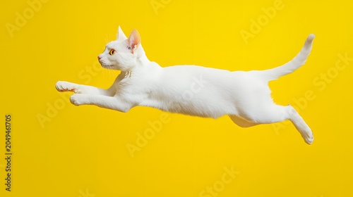 White Cat Jumping in Mid-Air Against Vibrant Yellow Background