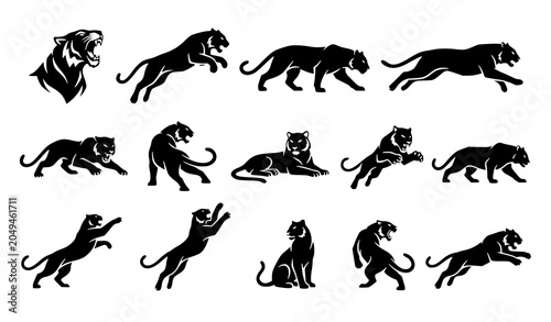 Canvas Print Majestic Tiger Silhouette Set Vector Wild Cat Illustrations for Logos and Mascot