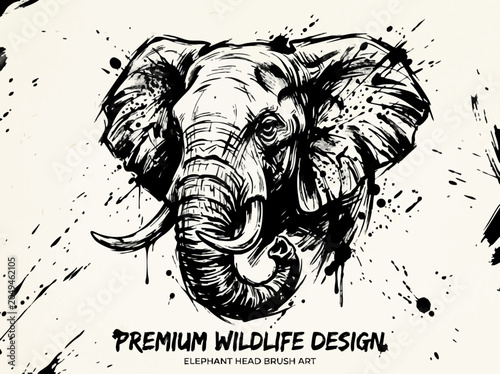 Картината върху платно Black Ink Elephant Head with Curved Trunk and Tusks on Cream Textured Background