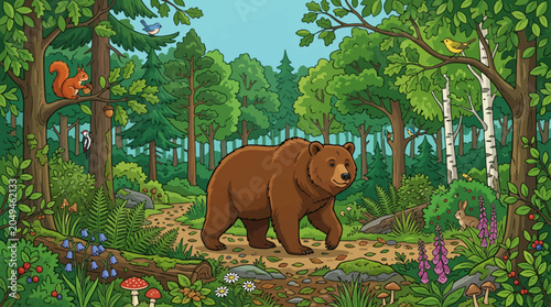 Cartoon vector illustration of large bear in forest environment surrounded by trees and natural vegetation, colorful wildlife atmosphere, clean vector style, highly detailed woodland habitat scene