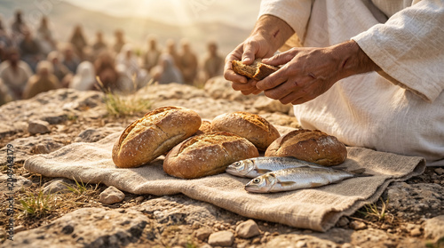 medium close-up from low angle looking at barley loaves and fish placed on rocky ground, the hands of Jesus Christ visible in soft background breaking bread or blessing the food.