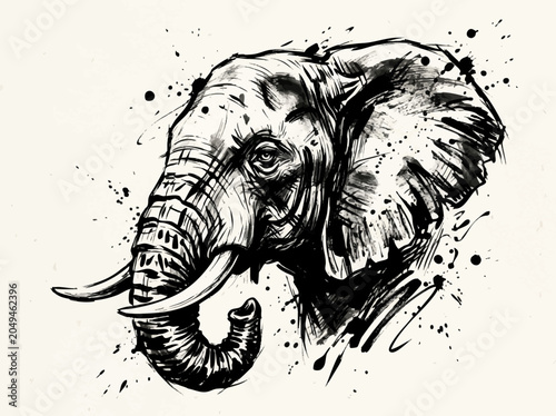 Tableau sur toile African Elephant Head Profile with Tusks and Trunk in Black Ink on Beige Splatte
