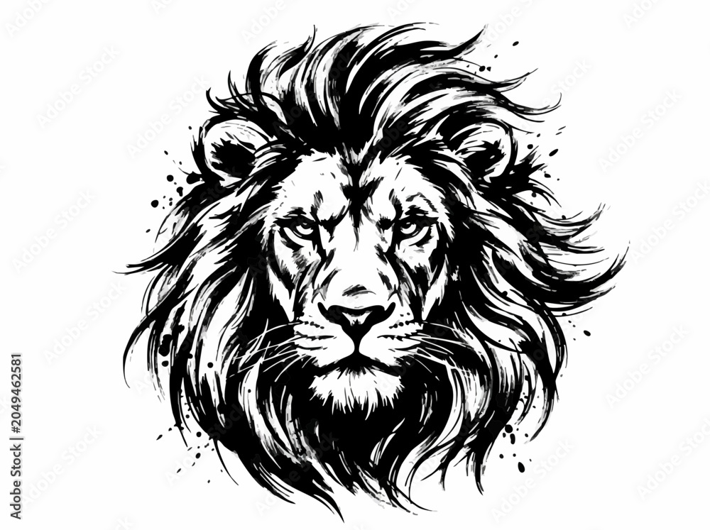Obraz premium Lion Head Facing Forward with Thick Mane and Ink Splatters in Black and White on White Backdrop