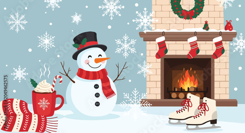 A cheerful snowman by a fireplace in a winter scene