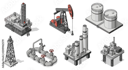 Collection of Oil and Gas Industry Equipment Illustrations.