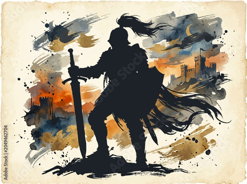 Fotografija Black Medieval Knight Silhouette Holding Sword with Orange Blue Watercolor Castl
