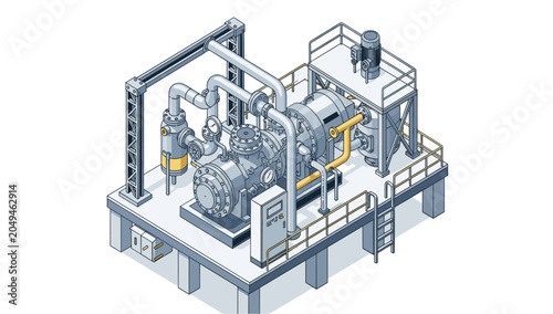 Industrial Compressor Unit with Intricate Piping System.
