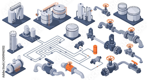 Industrial Plant Components and Piping System Isometric Illustration.