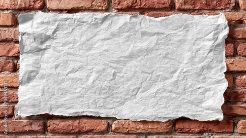 Crumpled white paper rectangle is affixed to a rustic brick wall, providing a unique texture and copy space.