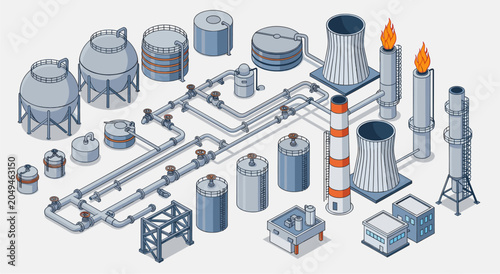Industrial Power Plant Components Isometric Illustration.