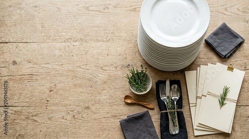 Elegant table setting for a meal with stacked white plates, cutlery, and fresh herbs on a rustic wooden table